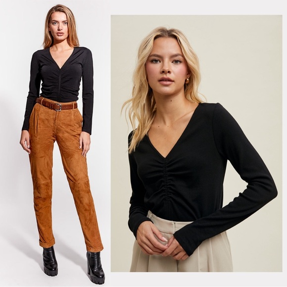 BCBGMAXAZRIA Ruched Long Sleeves Knit Sweater Top Pullover Minimalist Luxury S - Picture 1 of 9